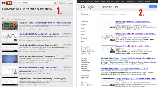 Two Google video-search results: youTube (left) and video-search (right)